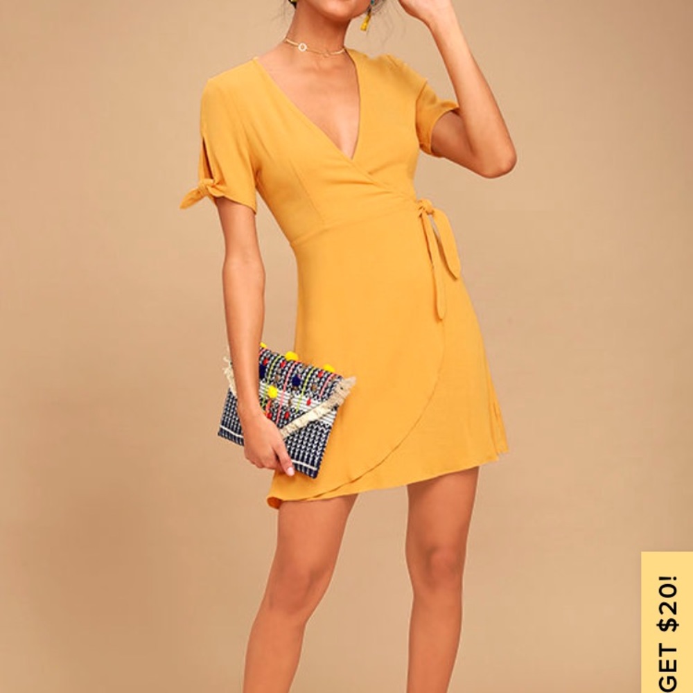 NWT Lulu’s My Philosophy Golden Yellow Wrap Dress